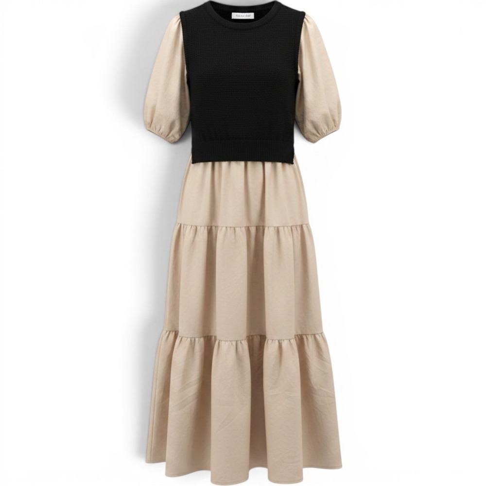 Sofie the label Maxi Dress Womens S Clover Black Beige Puff Sleeve Tiered NEW